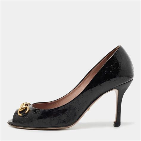 gucci open toe horsebit stiletto pumps|Women's Horsebit pump in black patent leather.